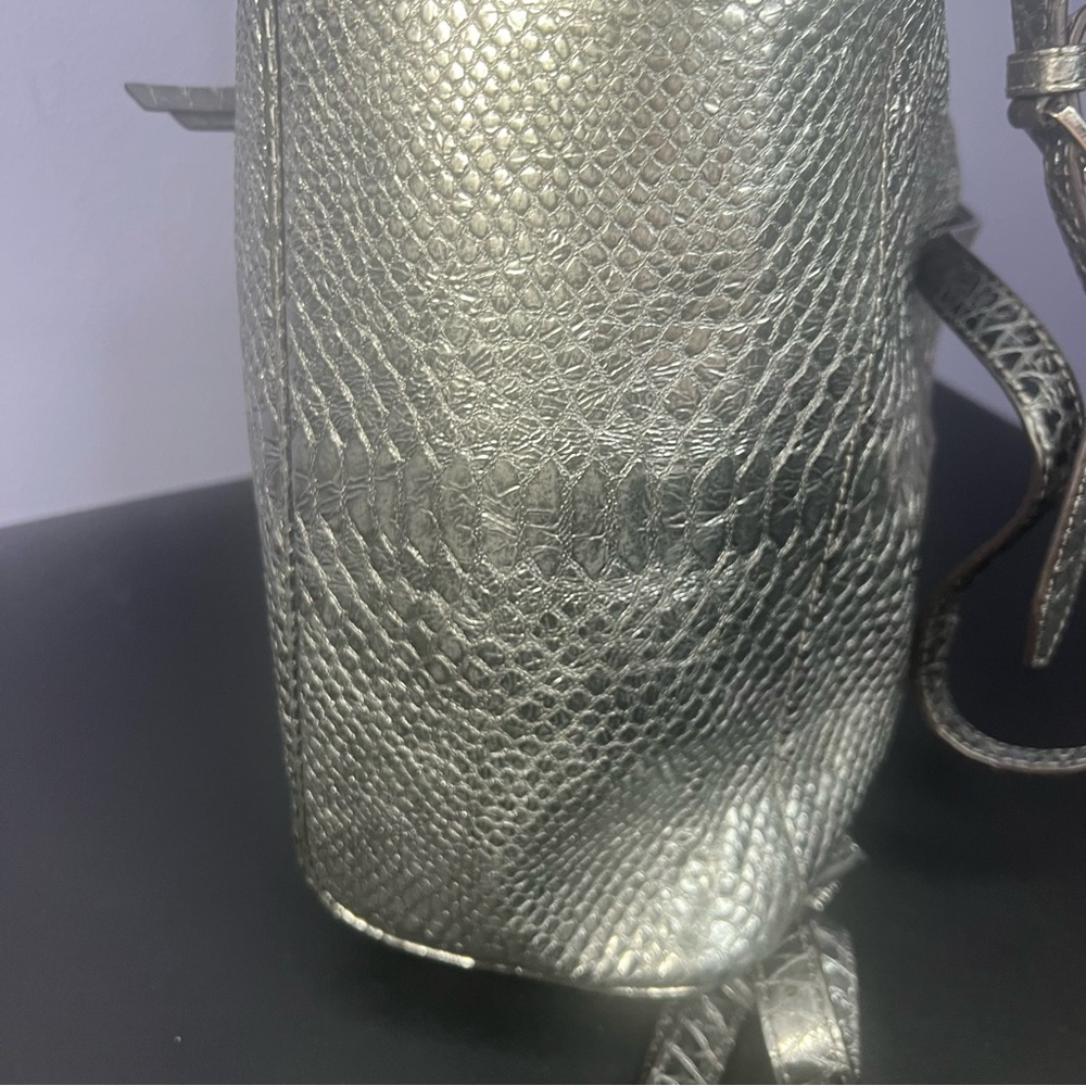 Michael Kors Rhea Silver Metallic Faux Snakeskin Python Embossed Backpack - Picture 12 of 17